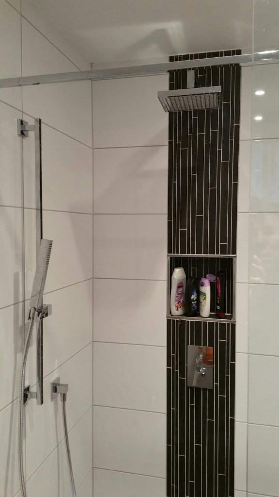 Moderne Dusche, mit Duschabtrennung aus Glas und Armaturen in Chromoptik und einer gefliesten Nische als Ablagefläche